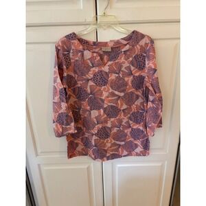 Cantoo‎ Women's Size S Tunic Top Coral Blue Pineapple Print 3/4 Sleeve